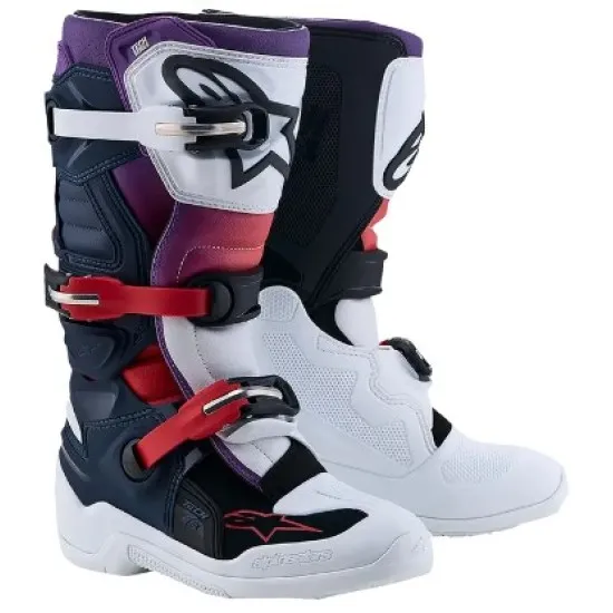 Детски мотокрос ботуши Alpinestars Tech 7S в черно, бяло и лилаво с четири червени алуминиеви катарами и бяла гумена