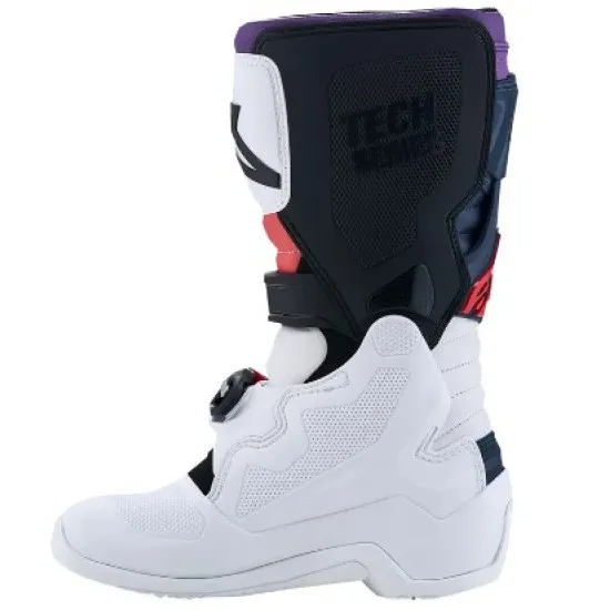 Детски мотокрос ботуши Alpinestars Tech 7S в черно, бяло и лилаво с четири червени алуминиеви катарами и бяла гумена