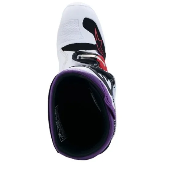 Детски мотокрос ботуши Alpinestars Tech 7S в черно, бяло и лилаво с четири червени алуминиеви катарами и бяла гумена