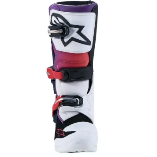 Детски мотокрос ботуши Alpinestars Tech 7S в черно, бяло и лилаво с четири червени алуминиеви катарами и бяла гумена