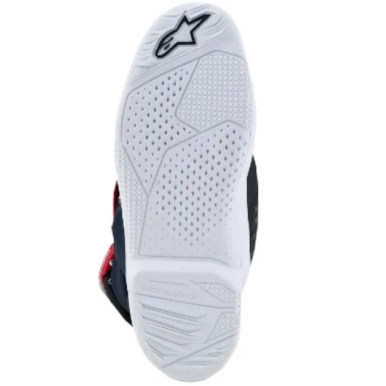 Детски мотокрос ботуши Alpinestars Tech 7S в черно, бяло и лилаво с четири червени алуминиеви катарами и бяла гумена