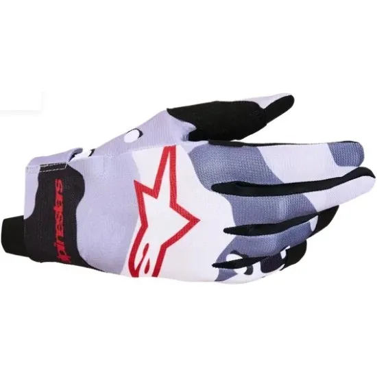 Детски мотокрос ръкавици Alpinestars Radar в камуфлаж сиво, лилаво и черно с червено лого на гърба и перфорирана длан