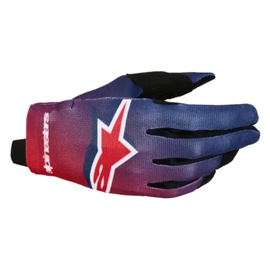 Детски мотокрос ръкавици Alpinestars Radar в тъмносиньо и червено с бяла звезда, спандекс горна част и черни акценти по