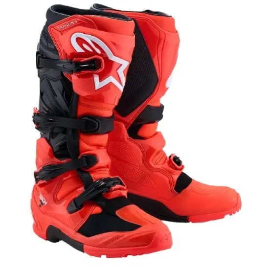 Мотокрос ботуши Alpinestars Tech 7 Enduro в флуоресцентно червено и черно с четири TPU катарами и защита на пищяла