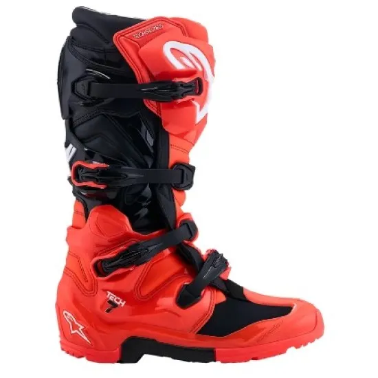 Мотокрос ботуши Alpinestars Tech 7 Enduro в флуоресцентно червено и черно с четири TPU катарами и защита на пищяла