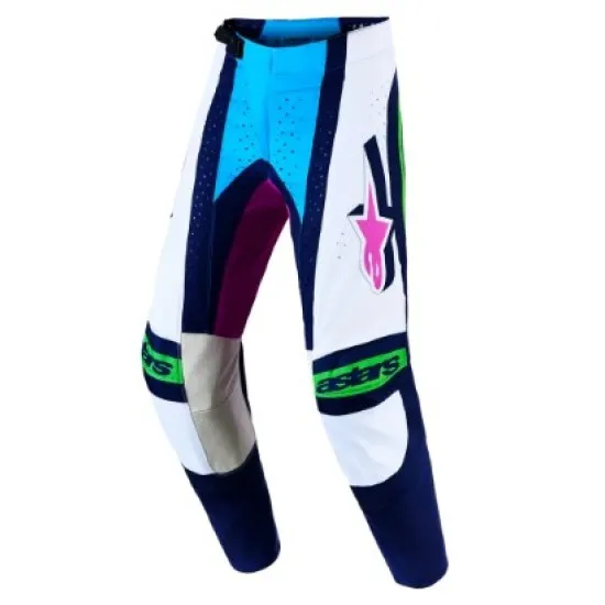 Мотокрос брич Alpinestars Techstar Maven в бяло, тъмно синьо, циан, зелено и розово с перфорации и лого на Alpinestars