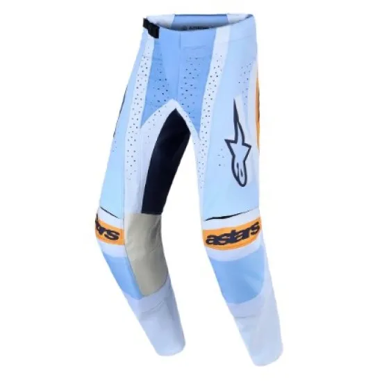 Мотокрос брич Alpinestars Techstar Maven в светлосиньо с оранжеви и черни акценти, лого на бедрото и стречнет панели по