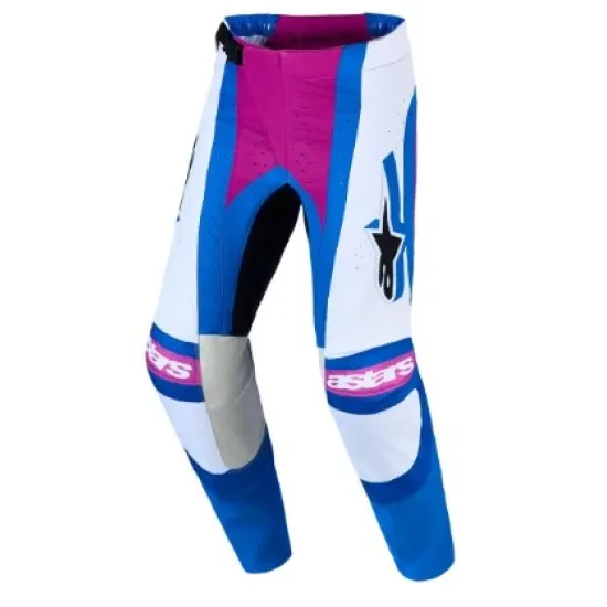 Мотокрос брич Alpinestars Techstar Maven в бяло, синьо и цикламено с логото на марката и еластични стречнет зони на крачолите