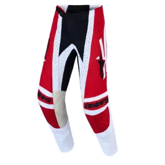 Мотокрос брич Alpinestars Techstar Maven в червено, бяло и черно с перфорирани панели и диагонални графики