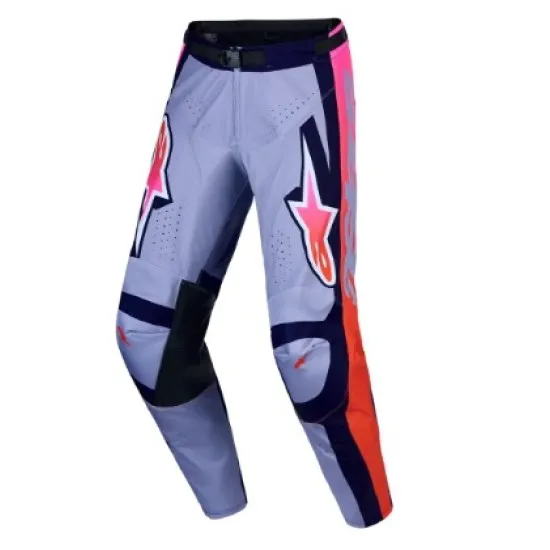 Мотокрос брич Alpinestars Racer Air Hunt в виолетово, тъмносиньо и оранжево с розово лого и перфорирани вентилационни зони