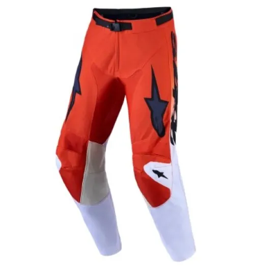 Мотокрос брич Alpinestars Racer Amber в огненочервено, тъмносиньо и бяло с магнитна катарама и графични лого елементи