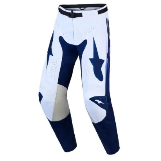 Мотокрос брич Alpinestars Racer Air в бяло и тъмно синьо с перфорации по бедрата и графичен мотив на Alpinestars