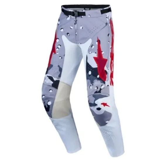 Мотокрос брич Alpinestars Racer Air Lone в сиво-бял камуфлаж с червени акценти, перфорации по бедрата и лого на Alpinestars