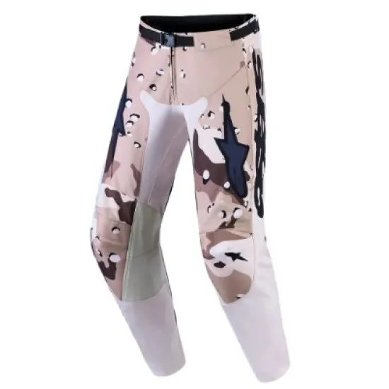 Alpinestars Racer Air Lone мотокрос брич в пясъчен камуфлаж с тъмносини и маслиненозелени нюанси, магнитна катарама и сив