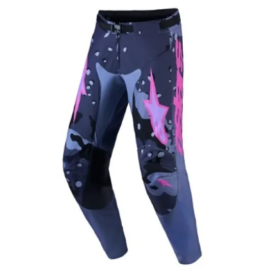 Мотокрос брич Alpinestars Racer Air Lone в тъмносин камуфлаж с розово-лилави графики и светкавици по крачолите