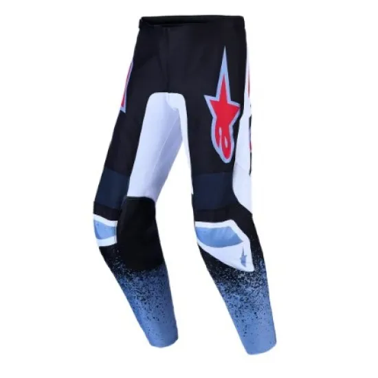 Мотокрос брич Alpinestars Fluid Drag в черно и бяло с червена звезда и синьо-черен градиентен дизайн в долната секция
