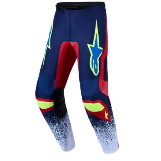 Мотокрос брич Alpinestars Fluid Drag в тъмносиньо, червено и бяло с жълто-зелено лого на бедрото и мрежеста горна зона