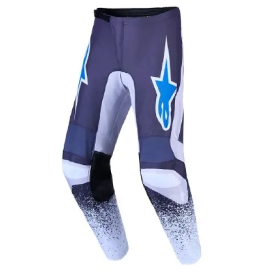Мотокрос брич Alpinestars Fluid Drag в тъмносин и светлосив цвят с ярко сини акценти, звезден логотип и деградиращ ефект с