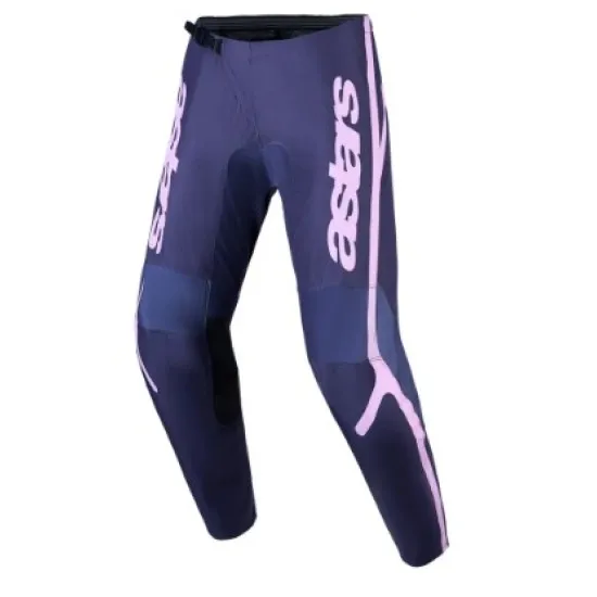 Дамски мотокрос брич Alpinestars Fluid Apex V2 в тъмносиньо с розови странични ленти и лого на Alpinestars