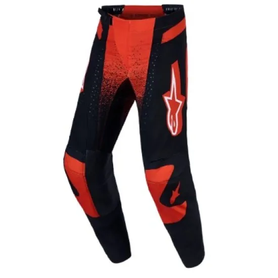 Мотокрос брич Alpinestars Techstar Swan в черно и червено с точков графичен преход и лого на Alpinestars на десния крачол
