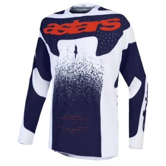 Alpinestars Techstar Swan джърси в тъмносиньо и бяло с градиентен пиксел ефект и оранжево лого