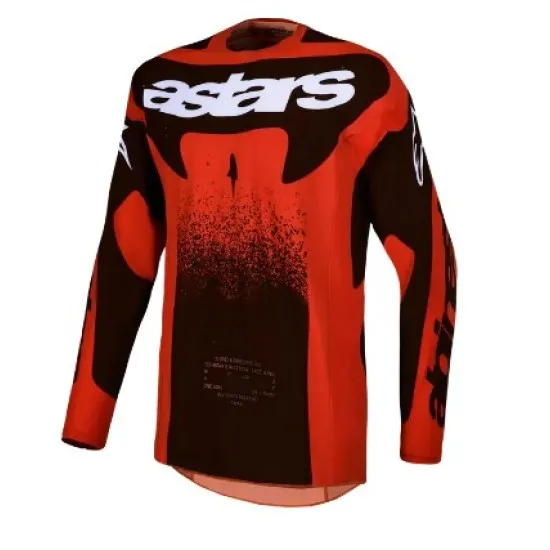 Alpinestars Techstar Swan джърси в червено и черно с бял логотип, перфорации и графичен дизайн с преход между цветовете