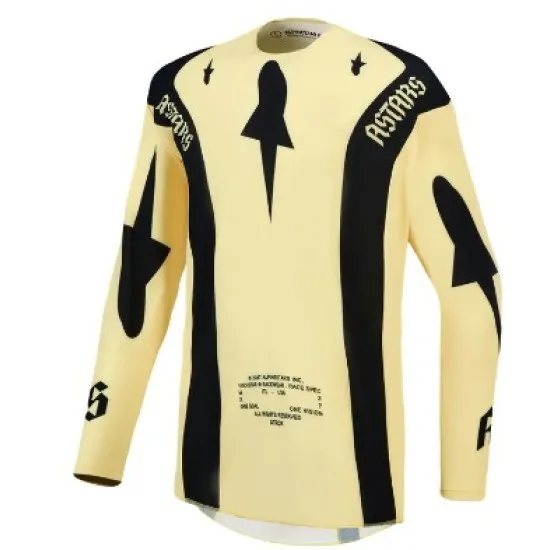 Жълто-черно мотокрос джърси Alpinestars Techstar Atrox с ракетни графики, лого на Alpinestars и дълъг ръкав