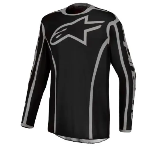 Черен мотокрос джърси Alpinestars Fluid Apex V2 със сребристи акценти по ръкавите и логото на звездата на гърдите