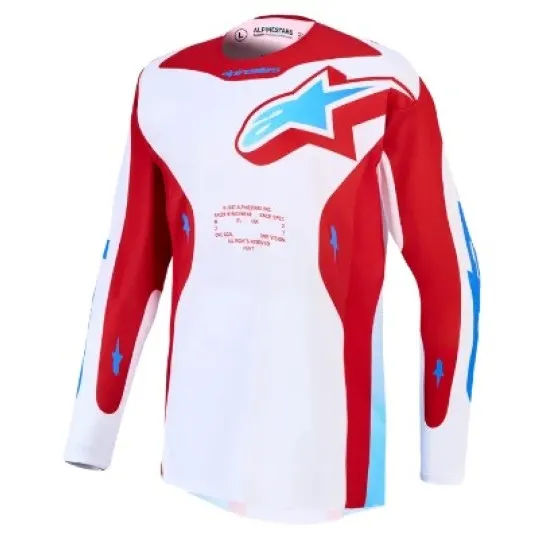 Alpinestars Racer Hunt мотокрос джърси в бяло с червени панели и светлосиньо лого на гърдите, дълъг ръкав