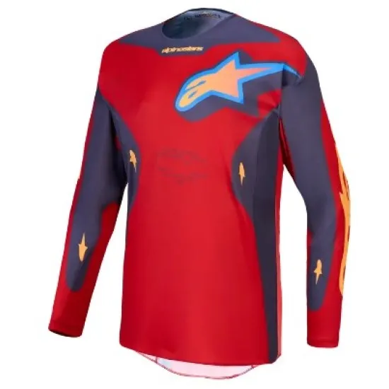 Alpinestars Racer Hunt джърси в червено и тъмносиньо с корал-оранжево лого и лазерни перфорации по ръкавите