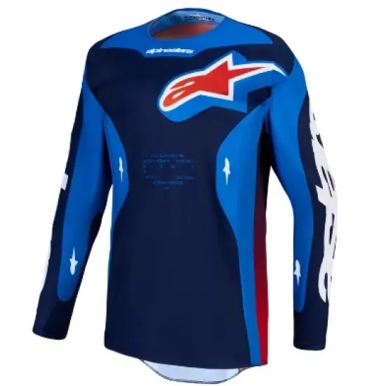 Alpinestars Racer Hunt мотокрос джърси в синьо и тъмносиньо с червено лого и бели акценти по ръкавите