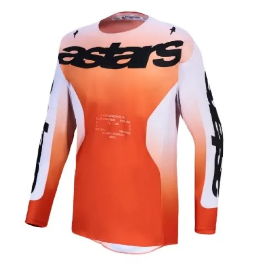 Alpinestars Racer Amber мотокрос джърси в оранжево-бял градиент с черно лого и принт по ръкавите