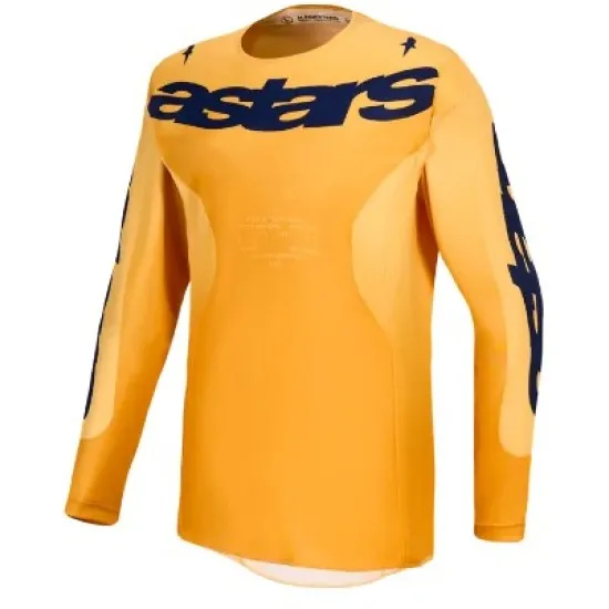 Мотокрос джърси Alpinestars Racer Amber в наситено жълто-оранжево с тъмносини графики и лого Alpinestars на гърдите и