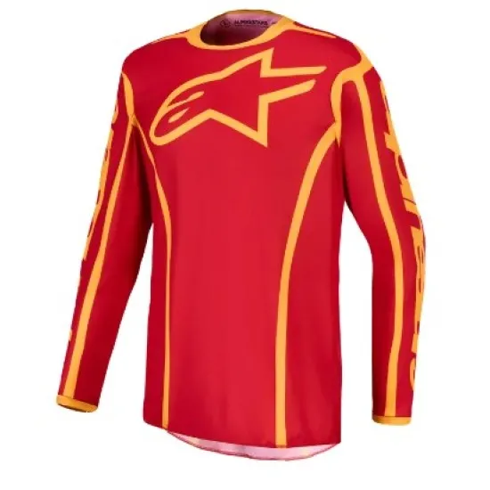 Alpinestars Fluid Apex V2 мотокрос джърси в червено с златисто-оранжеви графики и голямо лого на гърдите