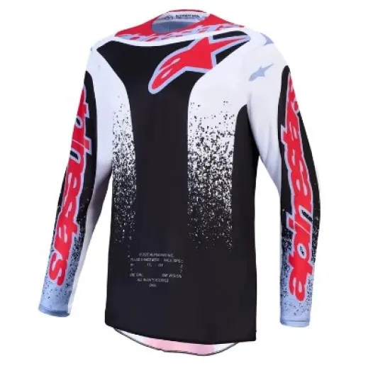 Alpinestars Fluid Drag мотокрос джърси в черно и бяло с червени надписи и пикселиран графичен дизайн - изглед отзад