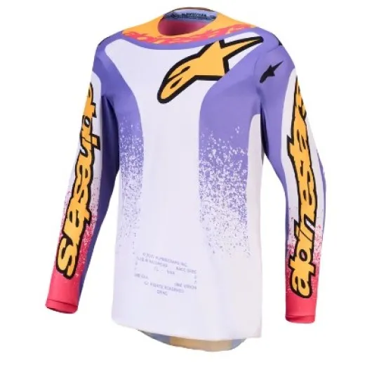 Alpinestars Fluid Drag мотокрос джърси в лилаво, жълто и розово-червено с лого принт и спрей графика