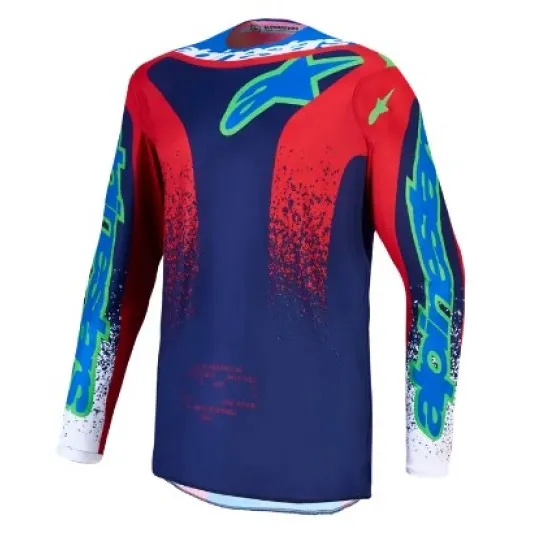 Гръб на мотокрос джърси Alpinestars Fluid Drag в тъмносиньо и червено с тюркоазени надписи, splash графика и бели маншети
