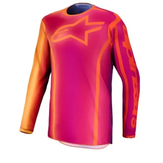 Alpinestars Fluid Kepler мотокрос джърси в градиент от розово-лилаво към оранжево, с лого на гърдите и брандиране по ръкавите