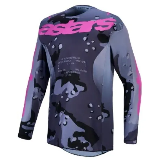 Мотокрос джърси Alpinestars Racer Lone в сиво-черен камуфлаж с розово-лилави акценти по яката и ръкавите, дълъг ръкав