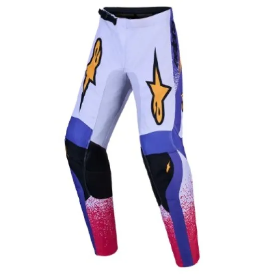Детски мотокрос брич Alpinestars Fluid Drag в лилаво, синьо и розово с золисто лого звезда и черни странични панели