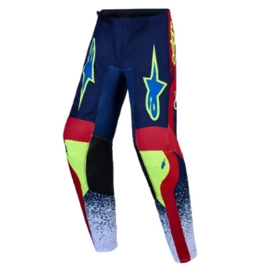 Детски мотокрос брич Alpinestars Fluid Drag в тъмносиньо, червено и неоново жълто-зелено с градиентен преход в бяло в