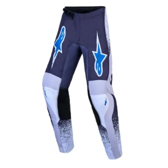 Детски мотокрос брич Alpinestars Fluid Drag в тъмносиньо и светлосиво с графичен принт на пръски и синьо лого Alpinestars на