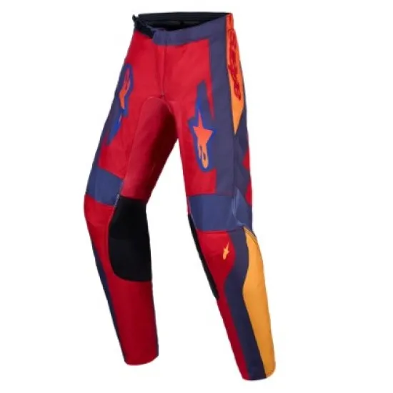 Детски мотокрос брич Alpinestars Fluid Hunt в червено, синьо-лилаво и оранжево с логото на Alpinestars и мрежеста подплата