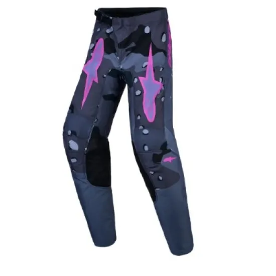 Детски мотокрос брич Alpinestars Fluid Lone в тъмносиньо-сив камуфлаж с розово-лилави акценти и подсилени синтетични кожени