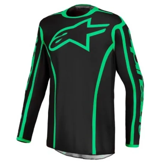 Alpinestars Fluid Apex V2 мотокрос джърси в черно с неонови зелени акценти по ръкавите, яката и голямо лого на гърдите