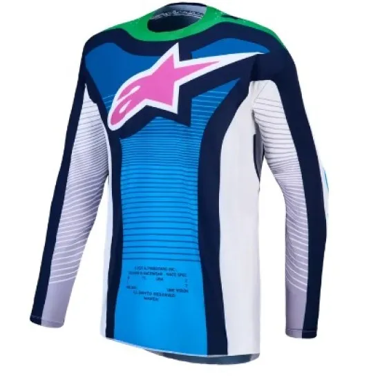 Alpinestars Techstar Maven джърси в тъмно синьо, светло синьо, бяло и зелено с розово лого и хоризонтални линии по предната
