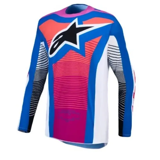 Мотокрос джърси Alpinestars Techstar Maven в синьо, червено, розово и бяло с лого на гърдите и вълнообразни ивици