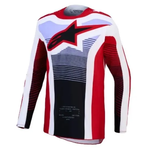Мотокрос джърси Alpinestars Techstar Maven в червено, бяло и черно с градиентен геометричен дизайн и лого на гърдите