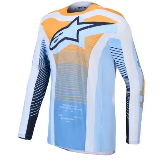 Alpinestars Techstar Maven джърси в светлосиньо, оранжево и тъмносиньо с лого на гърдите и перфорирани панели по ръкавите
