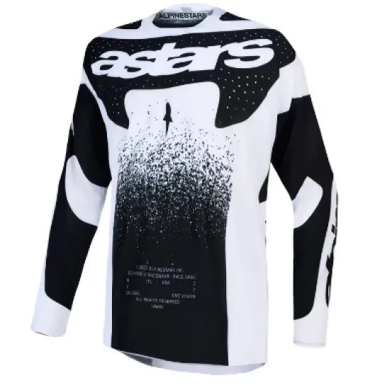 Alpinestars Techstar Swan мотокрос джърси в бяло и черно с преливащ пръскащ ефект и лазерни перфорации на гърдите